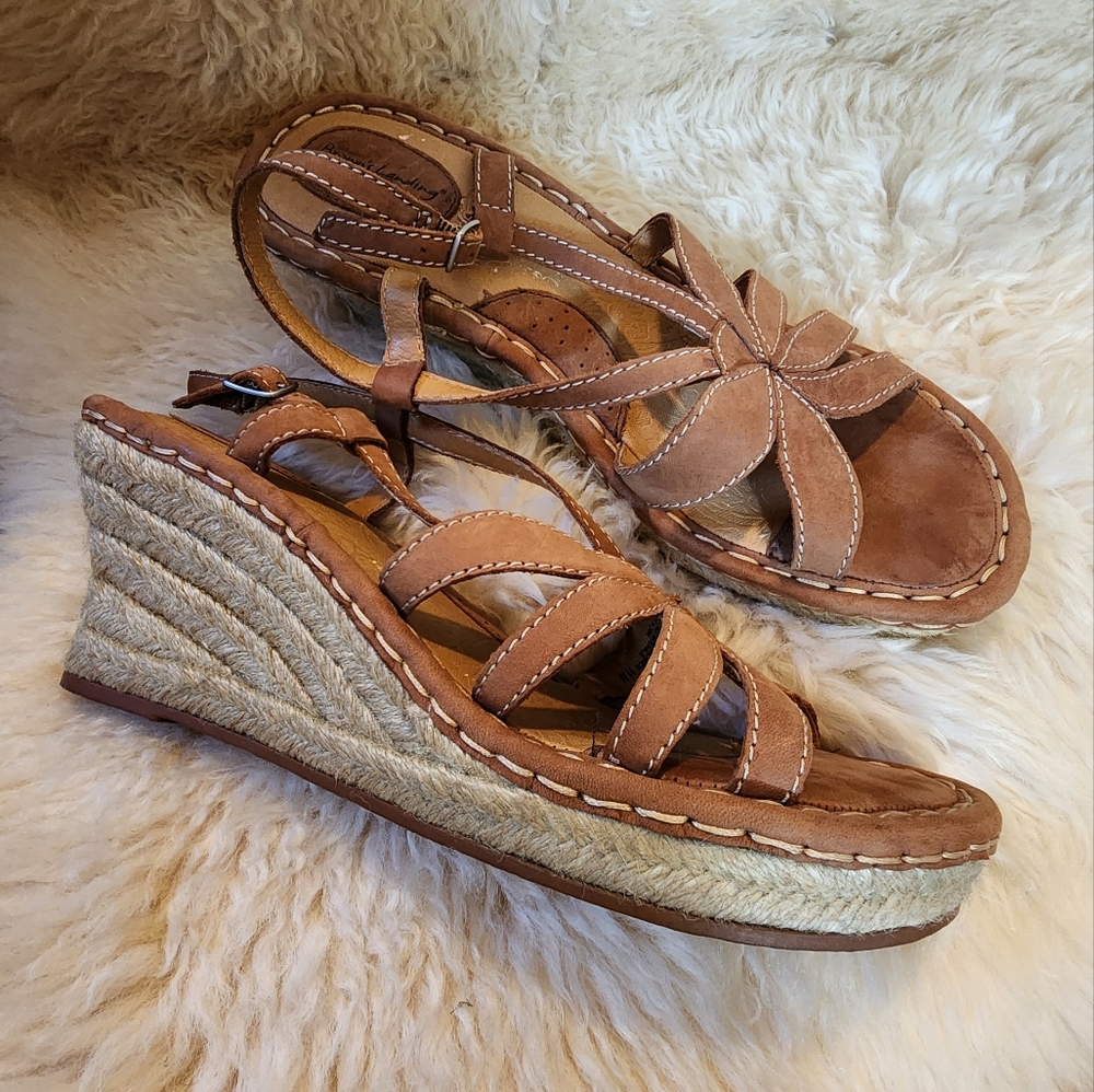 Brown's Landing Leather and Braided Grass Boho Wedge Sandals